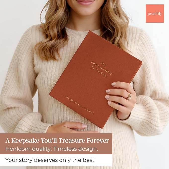 Peachly Pregnancy Journal for First Time Moms - Linen Memory Book (Rust) | Gift-boxed 110-page maternity keepsake & pregnancy scrapbook. Bump photo pages, hospital & newborn checklists, archival paper - Image 2