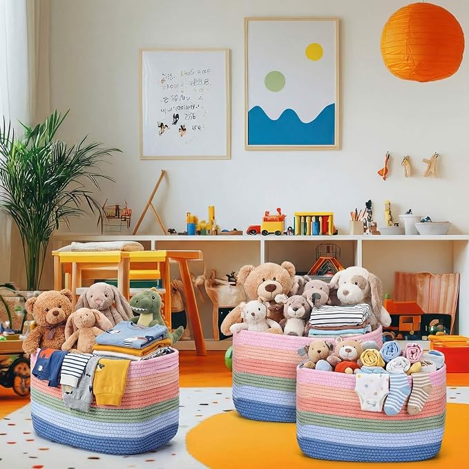 FoldTier 3 Pack Boho Storage Bins Cute Large Teacher Woven Baskets Storage Return to School Treasure Box for Kid Daycare Elementary Preschool Book Closet Shelf Nursery Decor 15 x 9 x 10 Inches - Image 5