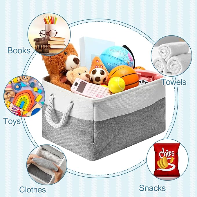 FoldTier 10 Pack Large Collapsible Fabric Storage Baskets with Handles Decorative Storage Bins for Organizing Shelves Toys Clothes(White & Gray,16 x 12 x 10 Inches) - Image 5