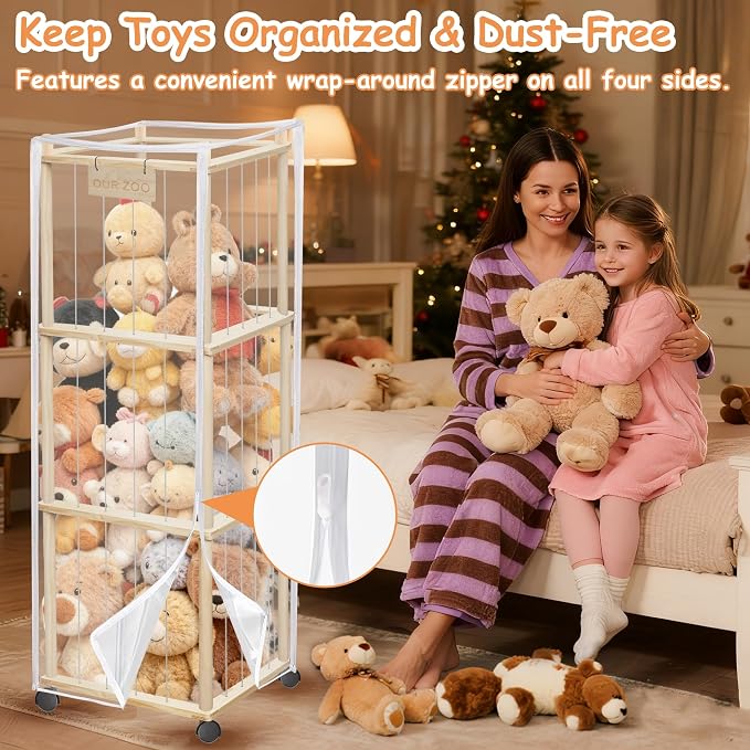 yofit 56" Stuffed Animal Storage Organizer with Wheels, Plush Storage Wooden ZOO with Removable Dust-Proof Cover for Playroom Bedroom Living Room Kids Room - Image 2