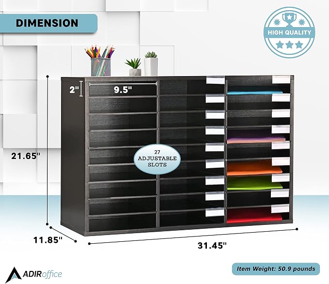 AdirOffice Classroom Mailbox - Wooden Literature Organizer , Construction Paper Storage Organizer , Mail Sorter with Slots , Office Mailboxes With Removable Shelf (27 Slot , Black) - Image 3