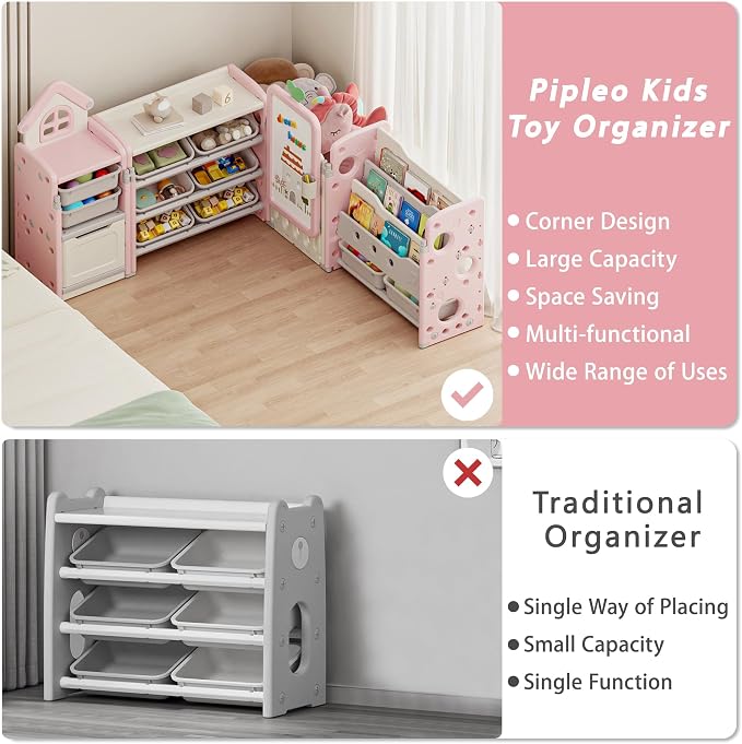 Kids Toy Storage Organizer with 10 Removable Bins, Foldable Toy Organizers and Storage with 3-Tier Bookshelf for Kids Toy Storage Organizer with Drawing Board, Extra 3 Brushes (4 In 1 Light Pink) - Image 6