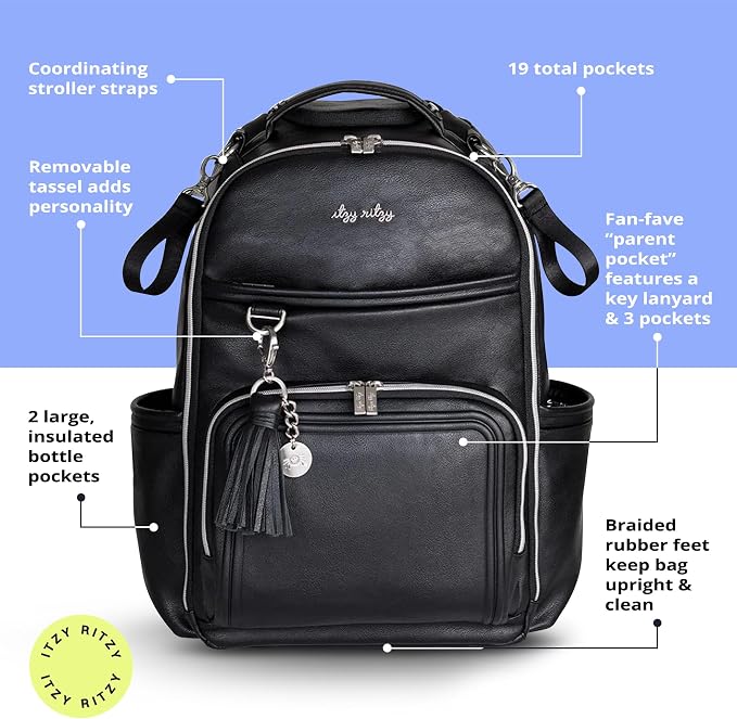 Itzy Ritzy Boss Plus Diaper Bag Backpack w/ 19 Pockets (Black with Silver) | Large Diaper Bag Backpack Includes 2 Insulated Bottle Pockets, Changing Pad, Stroller Clips, Padded Straps, Travel-Ready - Image 4
