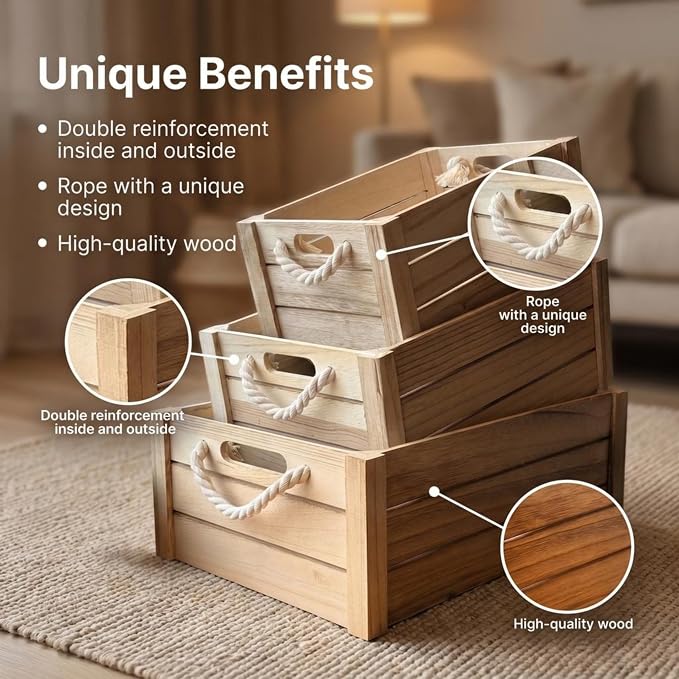 Set of 3 Natural Wood Crates with Rope Handles, Nesting Decor Storage Boxes | Rustic Farmhouse Organizer for Kitchen, Living Room, Bathroom, or Pantry. Nesting Design Keeps Shelves Tidy. - Image 4