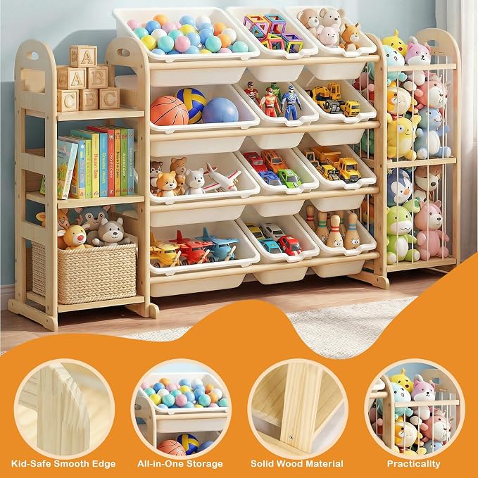 Kids Toy Storage Organizer, Toy Organizers and Storage with Stuffed Animal Storage, Toy Storage Shelf with 3 Shelves, 12 Storage Bins, Kids Bookshelf, Toy Holder for Playrooms, Bedrooms, White - Image 5