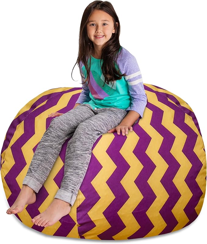 Posh Creations Stuffable Kids Stuffed Animal Storage Bean Bag Chair Cover - Childrens Toy Organizer, X-Large 48" - Pattern Chevron Purple and Yellow - Image 4