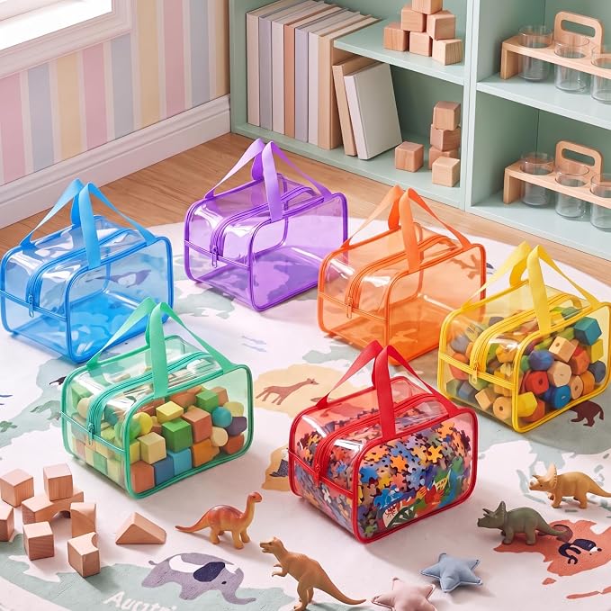 Shinylin 12 Pack Colorful Large Toy Storage Bags with Zipper 9.8 x 5.9 x 7.1 Inch Reusable Waterproof PVC Board Game Storage Bags with Labels for Puzzles Building Blocks Book Stationery - Image 4