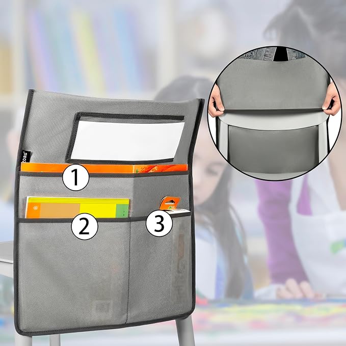 Chairback Buddy Pocket Chart Back of Chair Organizer for Classroom with Name Tag Pocket (GREY-6 PACK) - Image 2