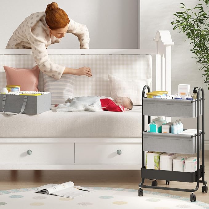 2In1 Baby Diaper Caddy Organizer with Dividers,3-Tier Diaper Rolling Cart,Mobile Metal Utility Cart for Baby Nursery,Baby Bedside Cart, Large Capacity Black - Image 5