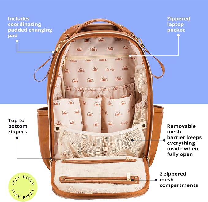 Itzy Ritzy Boss Plus Large Diaper Bag Backpack with 19 Pockets (Cognac) | Includes 2 Insulated Bottle Pockets, Changing Pad, Stroller Clips, Comfortable Padded Straps, Easy-to Clean, Travel-Ready - Image 7