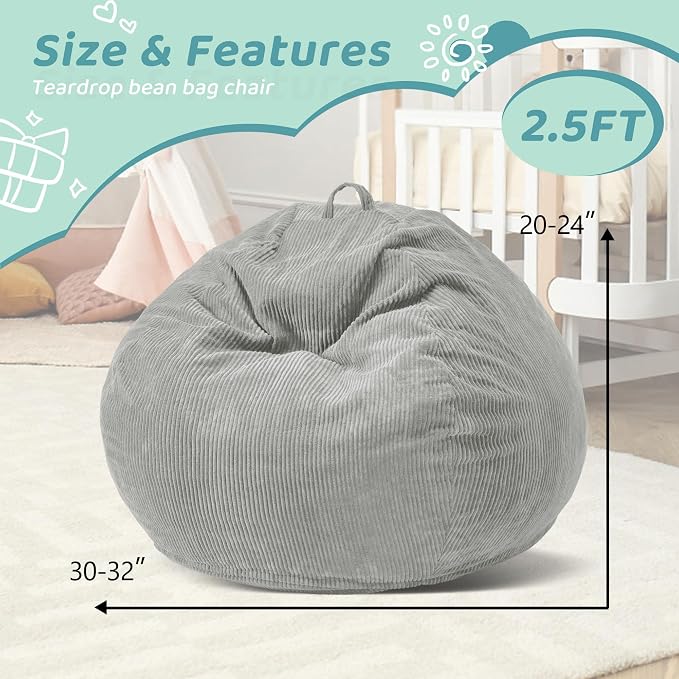 2.5FT Bean Bag Chair,Teardrop Bean Bags with Memory Foam Filled | Beanbag Chairs with Handle,Teardrop Bean Bag Sofa with Corduroy Machine Washable Cover for Living Room,Bedroom-Light Grey - Image 2