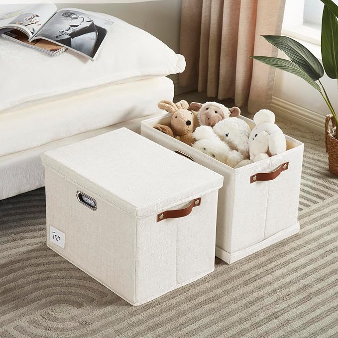 17" Large Fabric Storage Box with Lids, 3-Pack, White | Stackable, Foldable, 2 PU Handles and 2 Metal Handles, Decorative Fabric, For Home, Bedroom, Closet, Office, Nursery - Image 2