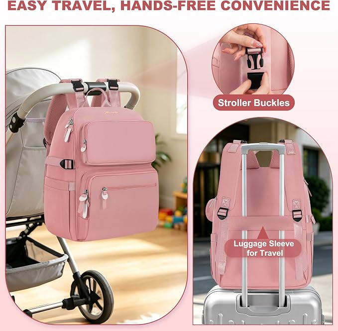 IBVIVIC Diaper Bag Backpack with Portable Changing Pad, Multifunctional Baby Bag for Mom Dad, Large Capacity, Stroller Straps, Insulated Bottle Pockets & Pacifier Case (Blush Pink) - Image 7
