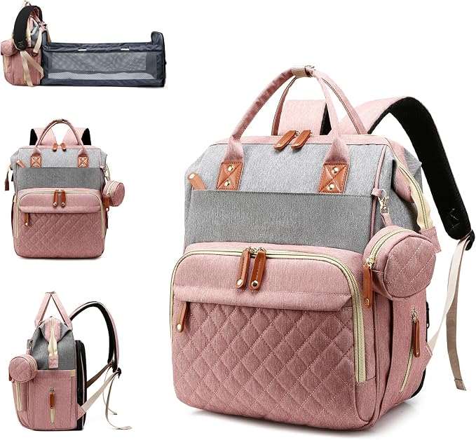 Diaper Bag with Changing Station, Waterproof 3 in 1 Diaper Backpack with Foldable Changing Pad, Large Travel Backpack for Mom & Dad, Baby Gift for Baby Girl & Boy, Pink-Grey by Lamroro