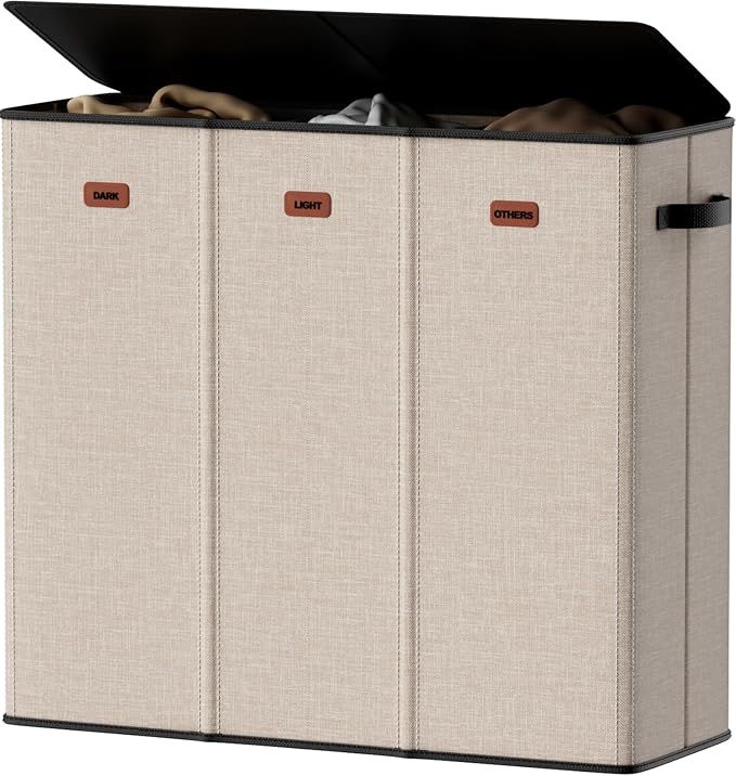 185L Laundry Hamper 3 Section, Laundry Hamper with Lid, Dirty Clothes Hamper with 3 Removable Washing Bags, Extra Large Laundry Basket Organizer for Bedroom, Laundry Room, Dorm - Khaki by Vexalora