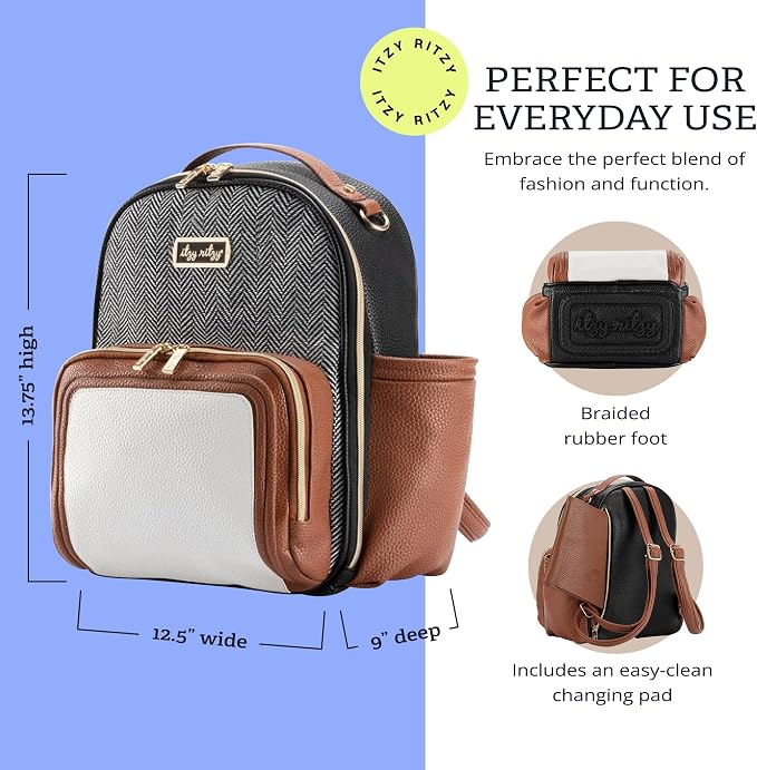 Itzy Ritzy Mini Diaper Bag Backpack 10 Pockets Changing Pad, Coffee & Cream | Chic Mini Plus Diaper Bag with 2 Insulated Bottle Pockets, Key Lanyard, Wipeable Changing Pad, Grab-Top Handle & Rubber Feet - Image 6