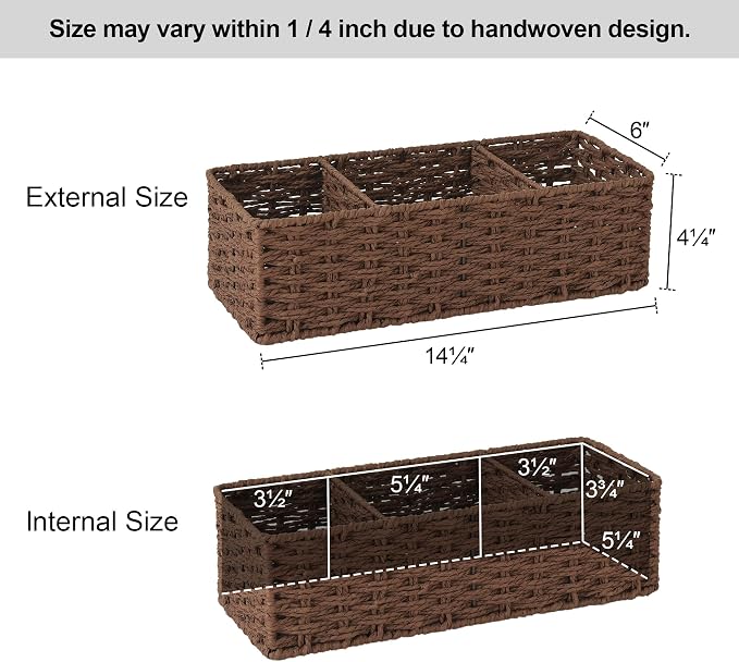 StorageWorks Toilet Paper Basket, Paper Rope Back of Toilet Basket, Walnut | Wicker Basket, Toilet Paper Storage for Back of Toilet Tank, Woven Baskets for Shelves, Wicker Baskets with 3 Compartments - Image 6
