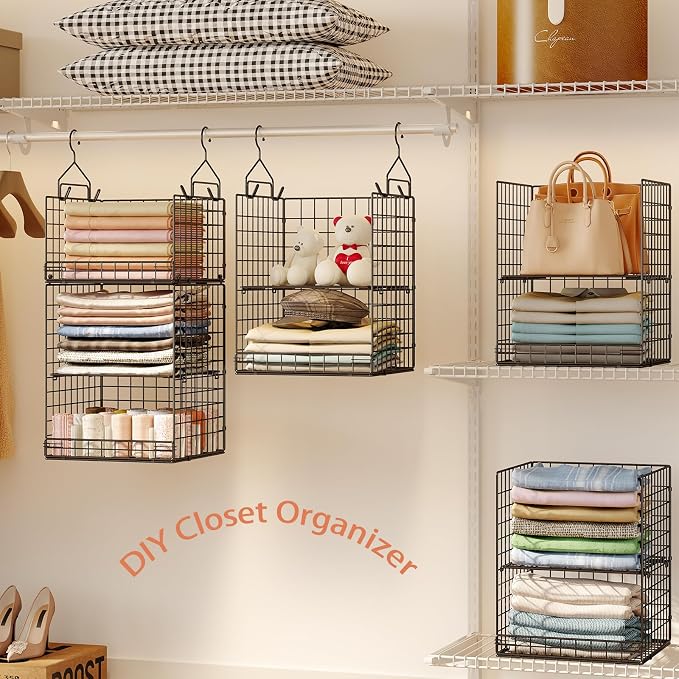 Yuyetuyo 5 Tier Closet Hanging Organizer and Storage Separable Hanging Closet Shelves with 4 Hooks 2 Adjustable Dividers, Wire Storage Basket Bins for Clothing Sweaters Socks Dolls Handbags, Foldable - Image 5