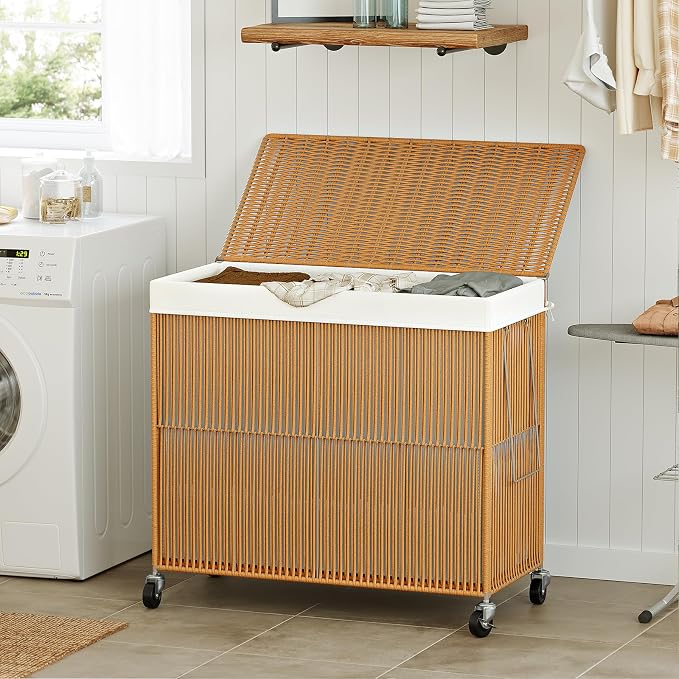 WOWLIVE Laundry Basket 3 Section, Handwoven Laundry Hamper with Wheels | Rolling Clothes Hamper with Lid and Divided Removable Bag, 160L Large Laundry Sorter, Laundry Room Organization, Natural - Image 2