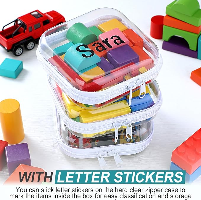 12 Pcs Clear Hard Zipper Case Back to School,5 x 5 x 2” | Plastic Zipper Pouch with 5 Sheets Alphabet Stickers Toy Storage Organizer Makeup Case for Travel Building Blocks Puzzles - Image 5