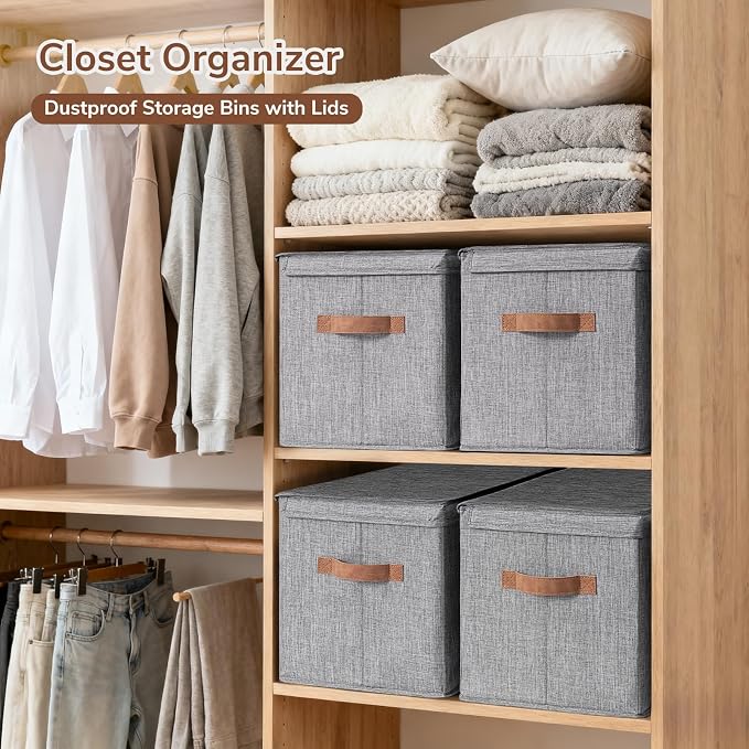 CHICVITA 4-Pack Large Fabric Storage Bins with Lids for Closet,Grey | 17.1" x 11.2" x 11.6" Storage Boxes for Shelves with Support Plate Fit Bedroom Storage Cubes with Handles for Clothes & Toys - Image 2
