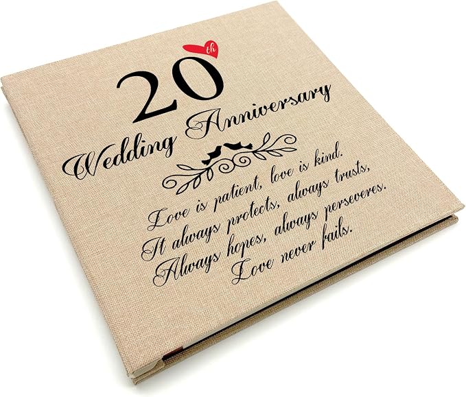 20th Wedding Anniversary Photo Album, Linen Cover with Love Quote, Golden Marriage Love Never Fails Memory Keepsake, Gifts for Parents 20 Years of Love by TrebleBee