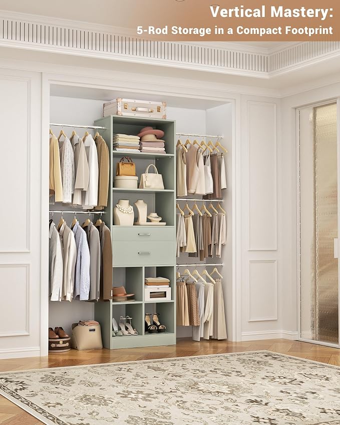 Small Closet System, 3.2-6.8FT Small Closet Organizer with 2 Wooden Drawers & 5 Hanging Rods, Can Fit 37.5 to 81.9 inch Walk-in Closet System, Built-in, Crab Green, Enclosed Storage Volume 2.32 ft³ - Image 2