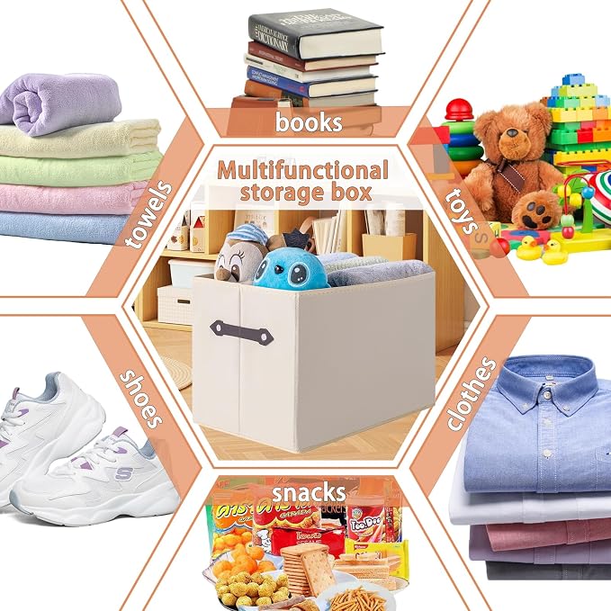 3 Pack Large Collapsible Storage Baskets for Shelves,14.9"x9.5" Fabric Closet storage Boxes with Leather Handles,Decorative Organizers Storage Bins for Clothes,Sheets,Toys,Books,Creamy-White - Image 3