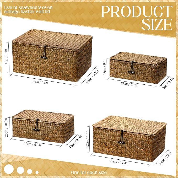 Woanger Set of 4 Wicker Storage Baskets Organizer，Handwoven Storage Bins with Lid for Organizing, Home Utility Box for Home Office Supplies Multipurpose Container(Retro Color) - Image 2