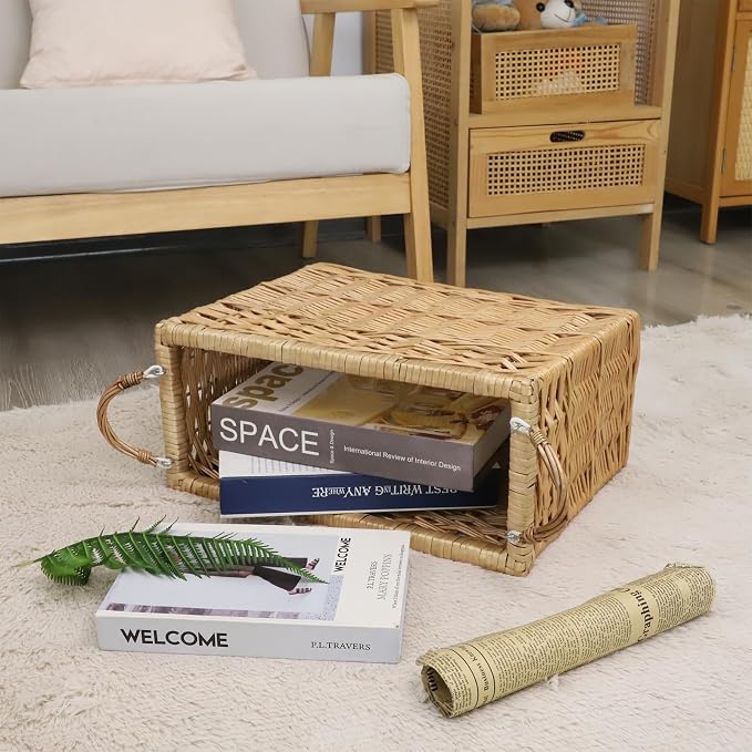 YAHUAN Natural Wicker Storage Basket with Built-in Handles Stair Basket Magazine Basket Large Wicker Baskets for storage Home Organizing Laundry (Wicker) - Image 4