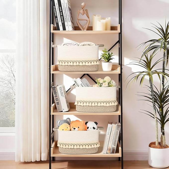 2 Pack Storage Basket for Shelves, Boho Cotton Rope Storage Bins with Heavy Tassel, Shelf Baskets Large Woven Baskets for Organizing, Cube Organizer Bins, Baby Laundry Basket for Clothes, Toys, Pets - Image 7
