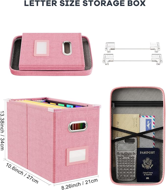 File Organizer Box with Lid, Hanging Filing File Box with Mesh Pocket, Document Organizer Box for Letter Files, Portable Storage Box with Smooth Sliding Rail for Office&Home (1 PCS, Pink) - Image 2