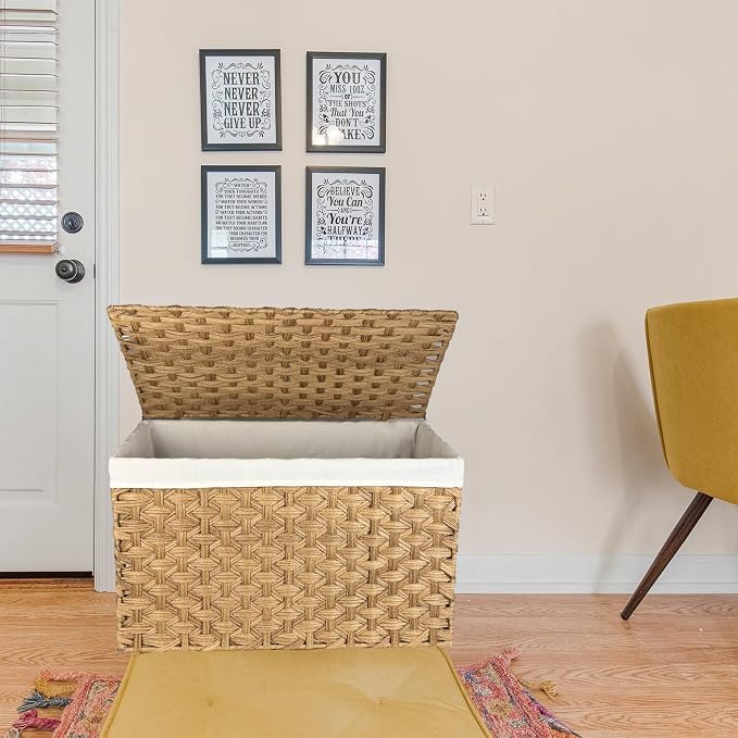 Wicker Storage Basket with Lid, 42.3 Gallon (160L) Large Blanket Basket with Lid, Woven Storage Bin with Handles, Removable Liner, Metal Frame, Foldable, for Bedroom, Laundry Room, Natural - Image 9