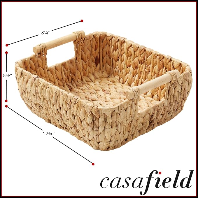 Casafield Set of 2 Water Hyacinth Oval Storage Baskets with Wooden Handles - Small, Woven Bin Organizers - Image 4