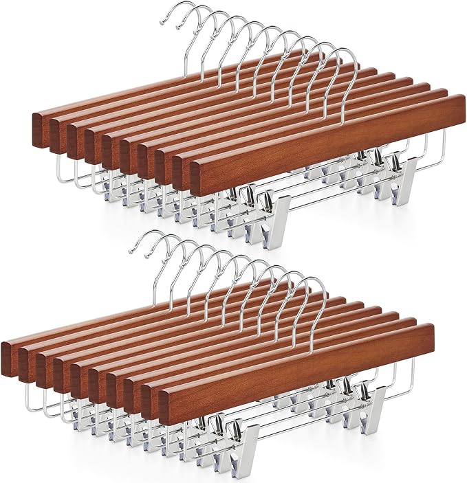 TOPIA HANGER Walnut Wood Pants Hangers, Wooden Skirt Short Jeans Trouser Hanger with Smooth Surface 360° Swivel Hook Anti Rust 2 Adjustable Clips, 20 Pack, CT10PWA20 by TOPIAHANGER