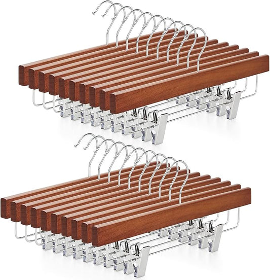 TOPIA HANGER Walnut Wood Pants Hangers, Wooden Skirt Short Jeans Trouser Hanger with Smooth Surface 360° Swivel Hook Anti Rust 2 Adjustable Clips, 20 Pack, CT10PWA20 by TOPIAHANGER