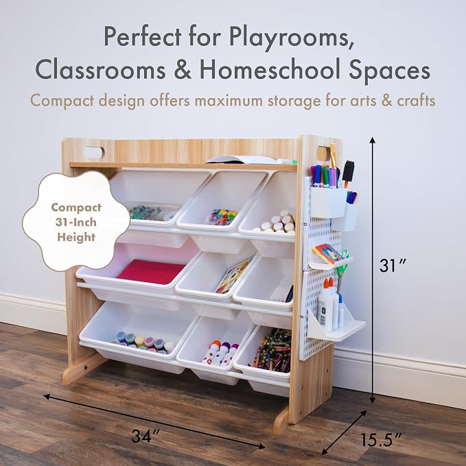 Humble Crew Kids Toy Organizer with Display Shelf, 9 Bins, 3 Tier Storage | Sturdy wood and steel toddler shelf, removable BPA-free containers, wall anchor anti-tip safety kit for bedroom or classroom - Image 2
