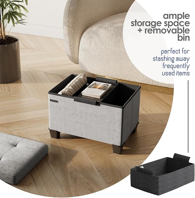 Storage Ottoman Cube with Small Bin, 16-in Square Ottoman with Storage for Living Room and Bedroom, Small Ottomans Foot Rest, Velvet Foot Stools Ottomans Max 330lbs, Light Grey - Image 3