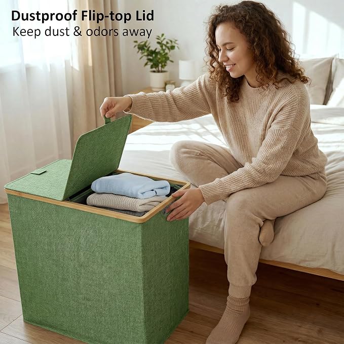 efluky Laundry Hamper with Lid, Double Laundry Basket with 2 Removable Bags, 2 Section Laundry Bin with Bamboo Handles for Bathroom, Bedroom & Laundry Room, 140L (36.9 Gallon) Sage Green - Image 5