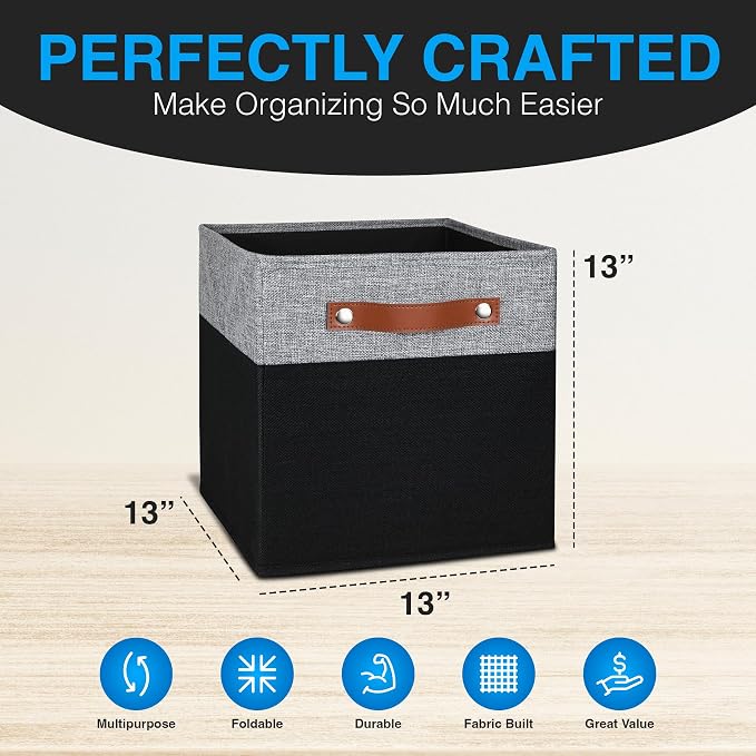 13x13 Storage Cubes - 6 Pack - Linen Fabric 13 Inch Cube Storage Bins for Bedroom, Living Room, Clothes and Toys; Foldable, Dual Leather Handles - Image 3