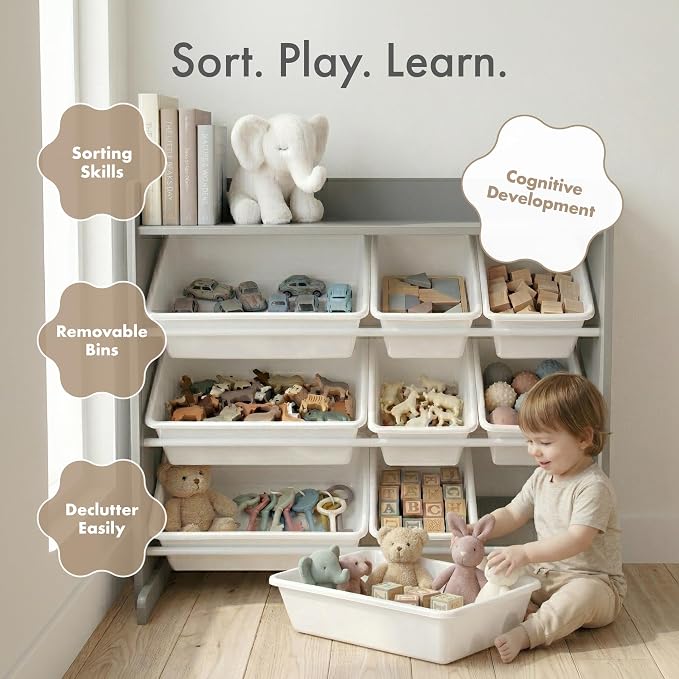 Humble Crew Kids Toy Organizer with Display Shelf, 9 Bins, 3 Tier Storage | Sturdy wood and steel toddler shelf, removable BPA-free containers, wall anchor anti-tip safety kit for bedroom or classroom - Image 7