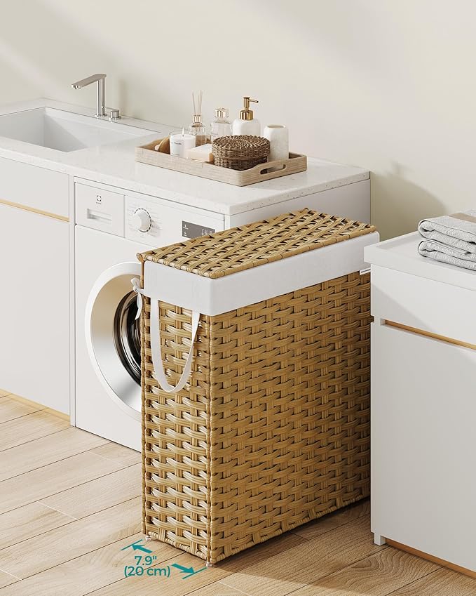 SONGMICS Slim Laundry Hamper with Lid, 14.5 Gallon (55L) Rattan Clothes Laundry Basket with Lid and Handles, Foldable, Removable Liner, Goose Yellow ULCB164N01 - Image 2