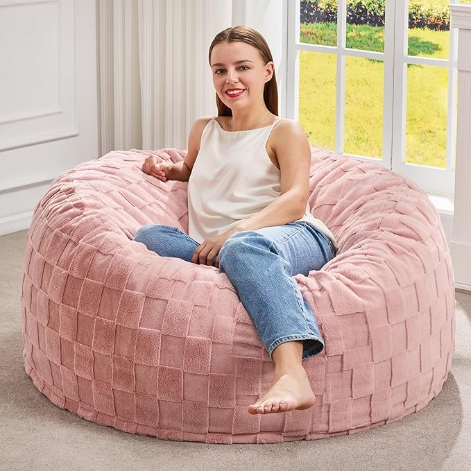 Hobestluk Large Bean Bag Chairs 3FT Big Adults BeanBag Chairs Plaid Cover | Memory Foam,Washable Cover,Unique Fluffy Plaid,Comfy Adults Bean Bag with Filler Gaming Reading Bedroom Dorm Room | Pink 3FT by YourHomeDeservesMore