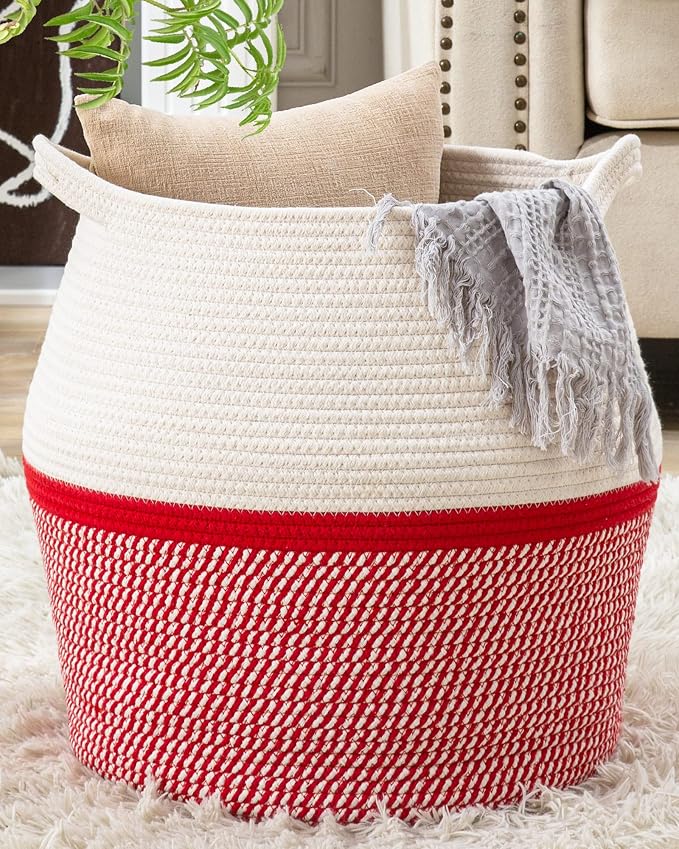 KAKAMAY Woven Baskets for Storage(17"x17"),Large Cotton Rope Woven Baby Laundry Hamper,Collapsible Laundry Basket, Blanket Basket for Organizing Living Room,Nursery,Pillows,Toy Chest(Red) by KAKAMAY