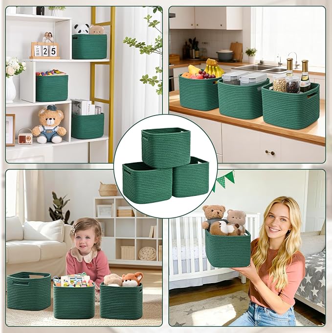 3 Pack Cube Storage Bin, 9”x9”x7” Cotton Rope Woven Baskets for Organizing Toys Clothes Towels, Square Gift Storage Baskets for Shelves, Nursery, Closet, Bathroom, Pantry (Green) - Image 8