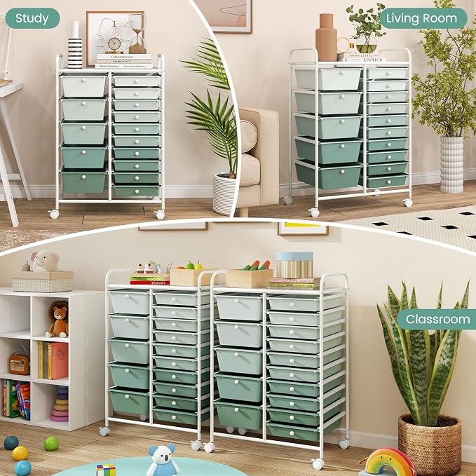 RELAX4LIFE 15-Drawer Storage Drawer Carts - Mobile Rolling Utility Cart | 34.5"H White Metal Frame, Gradient Green Drawers, Rolling Wheels; Classroom School Office Home Craft Utility Storage - Image 8