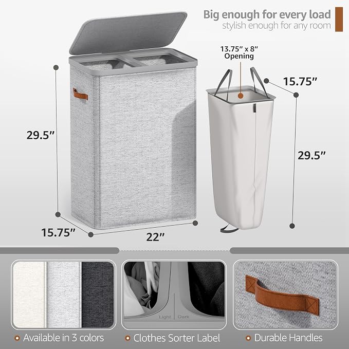 Sorbus Laundry Hamper with Lid - Collapsible 2-Compartment Fabric Laundry Basket with Handles and Removable Laundry Bag – 45 Gallon (170 L) Dirty Clothes Hamper for Bedroom, bathroom and dorm (Gray) - Image 2