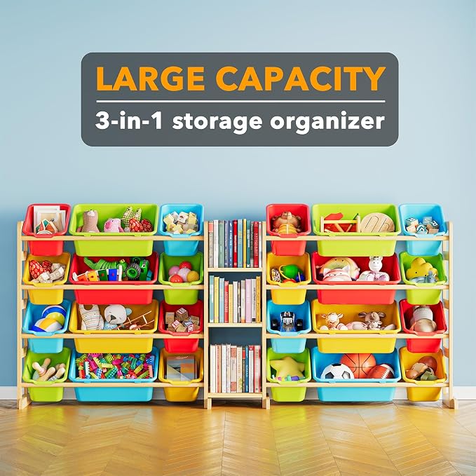 SpaceAid Large Toy Storage Organizer with 24 Bins and 3 Shelves, Toy Organizers Storage Bookshelf, Kids Bin Shelf Box Bookcase for Bedroom Playroom Organization Room Decor, Multi-Colored - Image 3