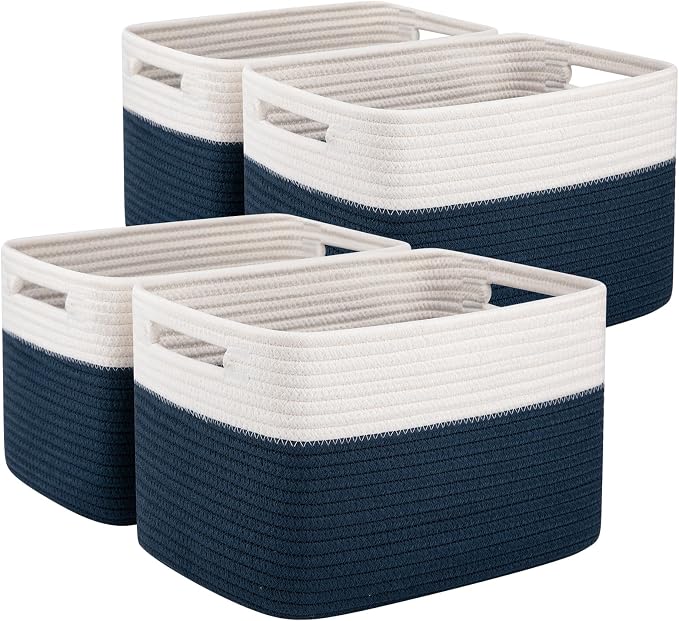 OIAHOMY 4 Pack Storage Basket, 13"x9"x7.8" Cotton Rope Baskets for Shelves, Closet Organizer for Bedroom & Living Room, Soft Decorative Bins for Organizing Towels, Books & Toys, Blue & White by MasterofSpaceOptimization