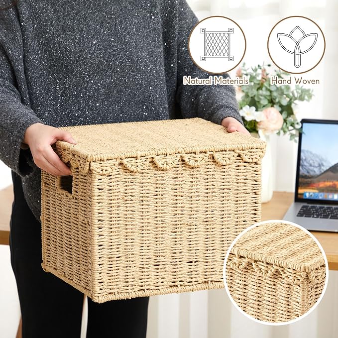 Jingmore File Organizer Box with Scalloped Lid, Paper Rope, Brown | Portable Storage Box Collapsible Letter Hanging Filing Organizer Basket for Office/home, Woven Wicker Decorative Document Box - Image 5